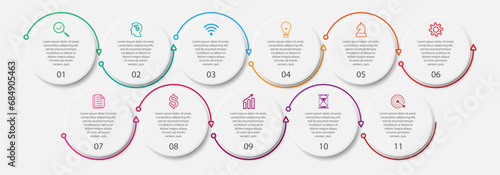 simple infographic vector design 11 steps or parts, circles with thin and thick lines, icons, text, numbers, for flow diagrams, presentations and your business