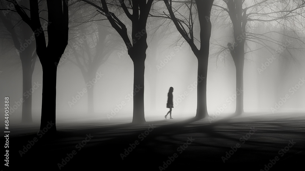 Obraz premium black and white silhouettes and shadows of people in the morning urban fog.