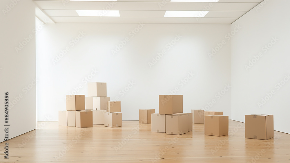 cardboard boxes in a large empty bright room, relocating. cardboard boxes in a large empty bright room, relocating.