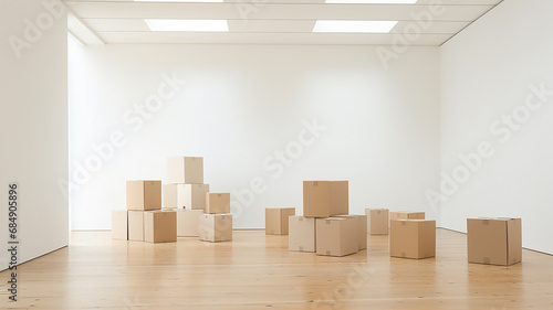 cardboard boxes in a large empty bright room, relocating. © kichigin19