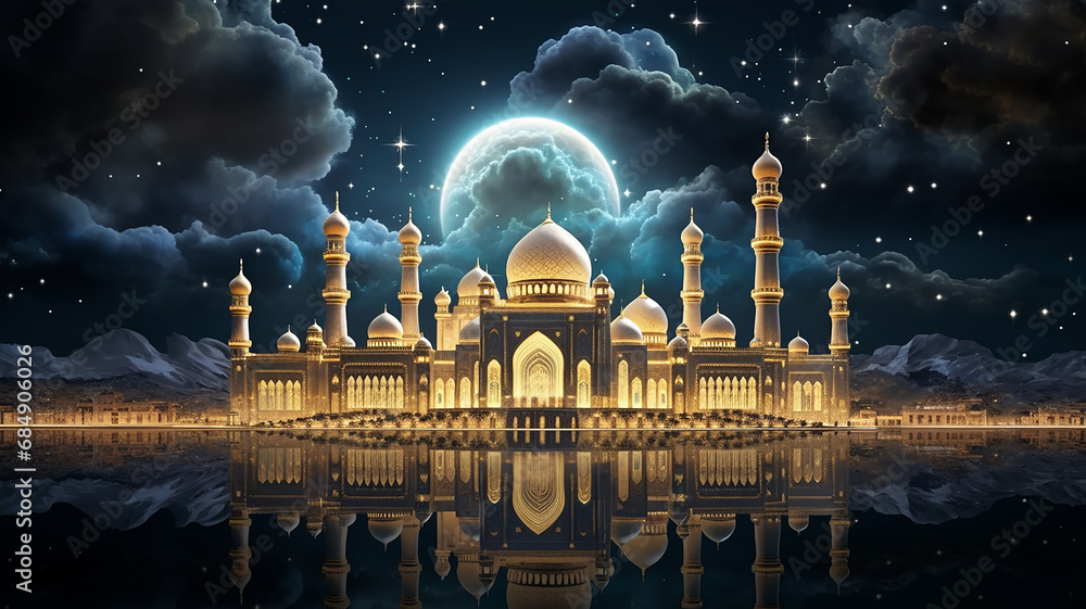 The Arabian night fairy tale, the landscape in the moonlight the fabulous sultan's palace glows with gold. - obrazy, fototapety, plakaty 