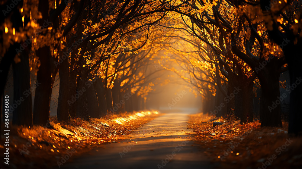 a luminous romantic autumn podium fairy tale forest, the rays fog in a round arch of yellow trees.