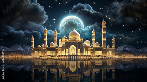 Fotografia The Arabian night fairy tale, the landscape in the moonlight the fabulous sultan's palace glows with gold