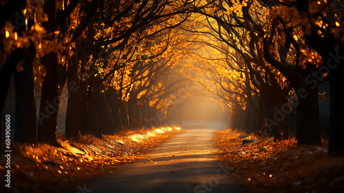 a luminous romantic autumn podium fairy tale forest, the rays fog in a round arch of yellow trees.