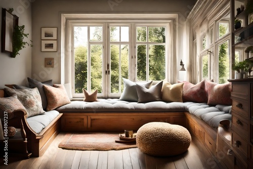 A cozy corner with a window seat, fluffy cushions, and a view of the garden © Zeeshan Qazi