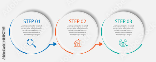 simple infographic vector design 3 steps or parts, circles with thin and thick lines, icons, text, numbers, for flow diagrams, presentations and your business