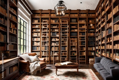 A home library with floor-to-ceiling bookshelves  a cozy reading corner  and a rolling ladder