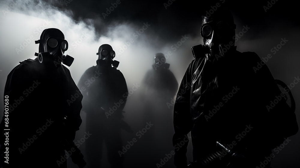chemical gas attack imitation. silhouettes of people in gas masks black and white fog and smoke. chemical gas attack imitation. silhouettes of people in gas masks black and white fog and smoke.