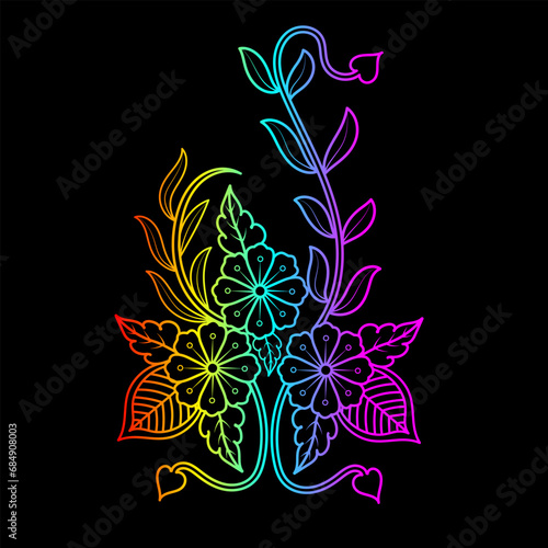 Rainbow color line art floral vector illustration, colorful vintage decorative vector template, rainbow color flower ornaments.