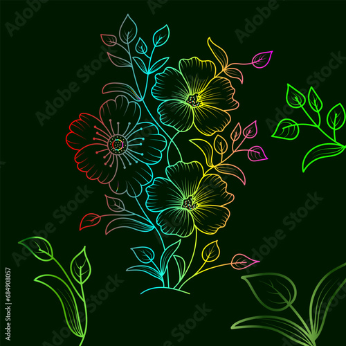 Rainbow color line art floral vector illustration, colorful vintage decorative vector template, rainbow color flower ornaments.