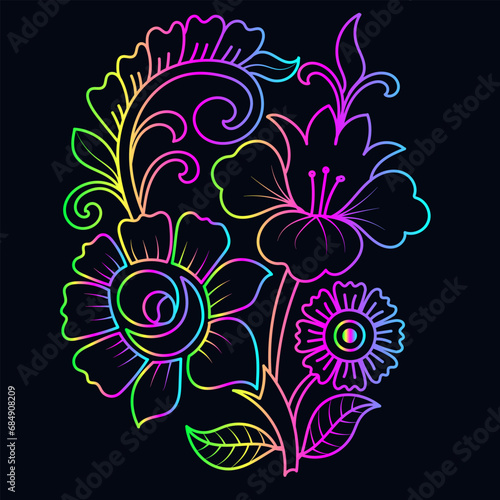 Rainbow color line art floral vector illustration, colorful vintage decorative vector template, rainbow color flower ornaments.