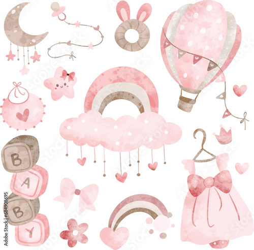 Watercolor Illustration set of Nursery Clipart for Baby Girl