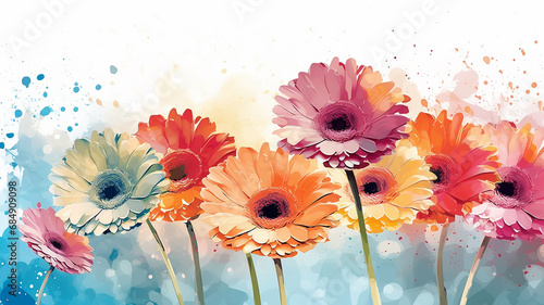 gerberas watercolor summer paint drawing, multicolored flowers.