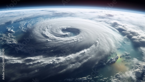 cyclone funnel of a hurricane on the surface of the planet view from space, weather forecast.