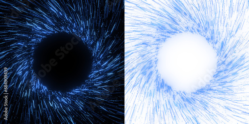A dynamic and otherworldly illustration of a spiral formation with blue particle effect, featuring a circle at the center for logo placement and copy space. PNG transparent, graphic element. 3D render