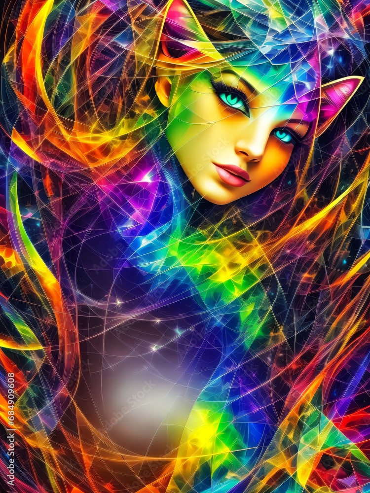 A kaleidoscope of vibrancy paints her hair, capturing the essence of a captivating mystery