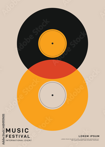 Music festival poster template design background with vinyl record vintage retro style