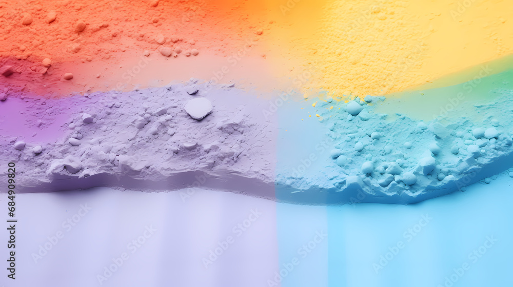 Fototapeta premium Close up of stripes of rainbow coloured sand and copy space on white background,PPT background