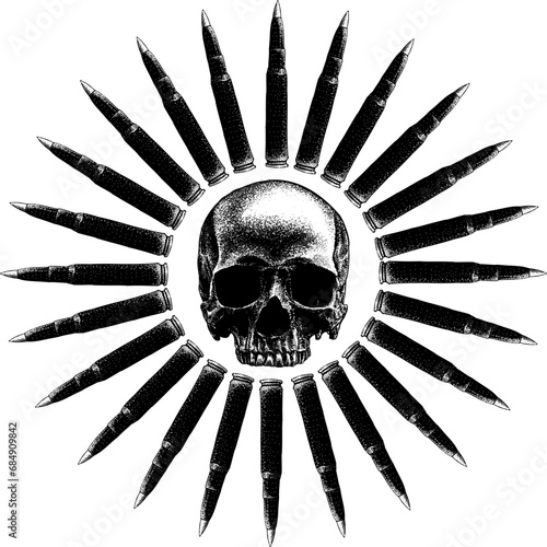 skull inside bullets circle hand drawing vector isolated on background.