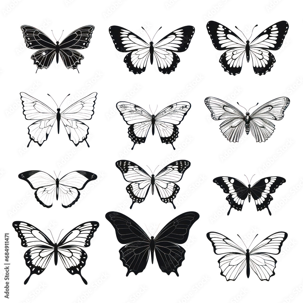 Set of Black Butterfly in Shadow. Set of Butterfly black icon. Butterfly silhouette isolate png. Set of Black Butterfly in Shadow. Set of Butterfly black icon. Butterfly silhouette isolate png.