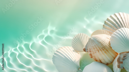 Abstract summer still life with shells on seawater gradient color, blue, turquoise, green, mint colors. Pastel summer tones. Sun glare and shadows. Summer vacation and relaxation concept