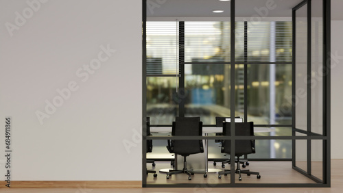 A modern office corridor with a modern meeting room and empty space on a white wall. office building photo