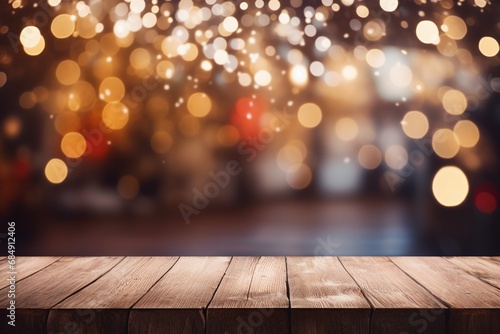 AI Generated abstract blurry sparkling background with empty wood table for Christmas holiday stand.