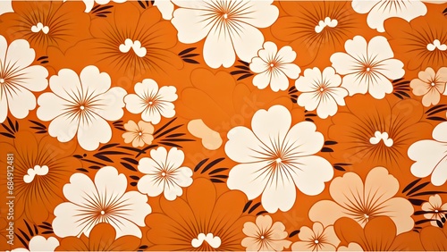 Elegant white flowers are drawn on an orange background, creating a warm atmosphere. The design captures the beauty of nature with a modern touch.  © CoffeeeCraze