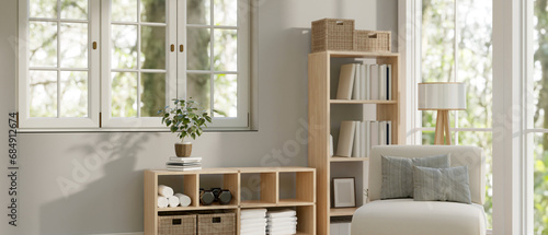 Interior design of a minimal Scandinavian living room with a cosy armchair  a wooden bookshelf