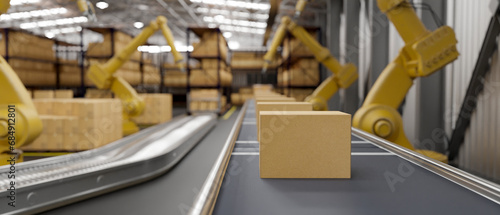 A row of cardboard boxes is on a conveyor belt in a modern distribution warehouse.