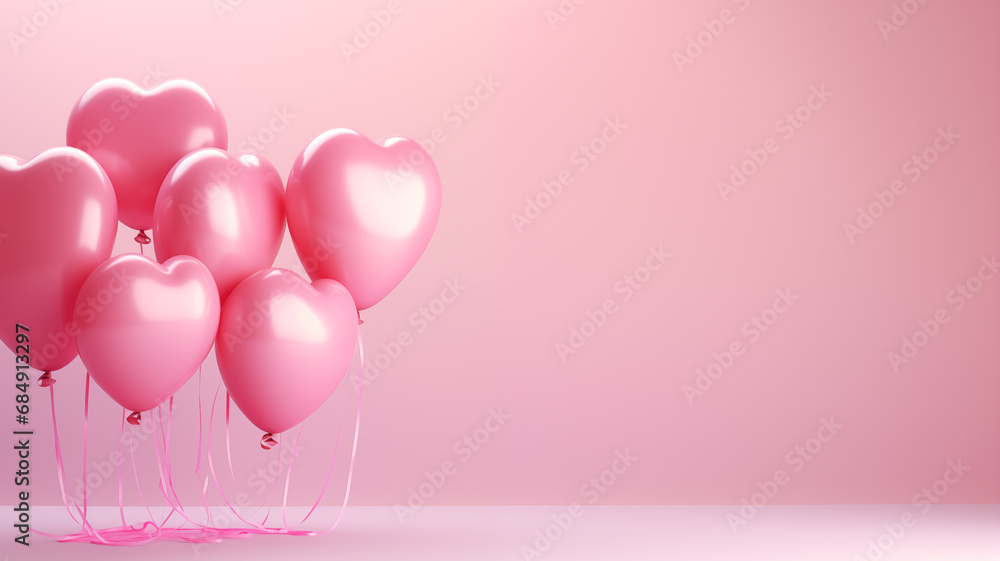 Pink heart shaped helium balloons on pastel pink background Valentine's Day, marriage, party, birthday, anniversary, celebration and party concept with copy space for text