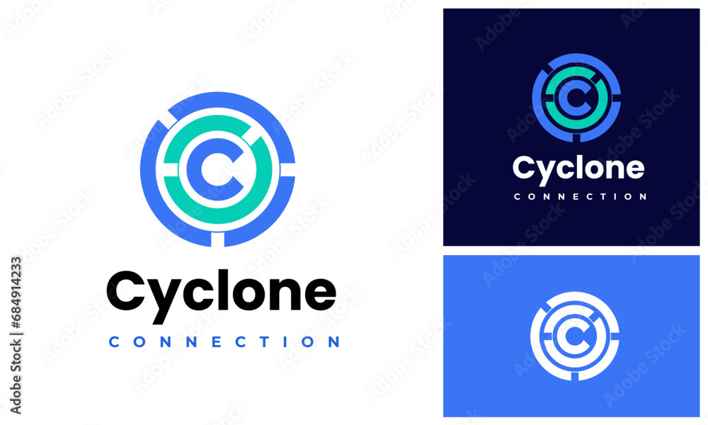 Modern initial letter C with circle circular center rotation for technology connection logo design