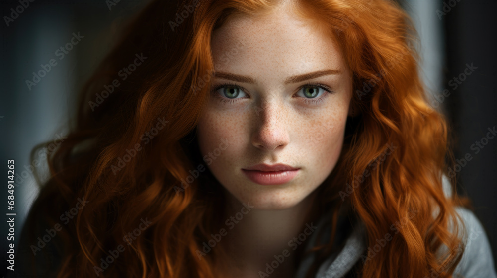 Obraz premium Close up of a fair skinned fashion model with red hair, freckles and perfect skin. Cosmetics and skin care.