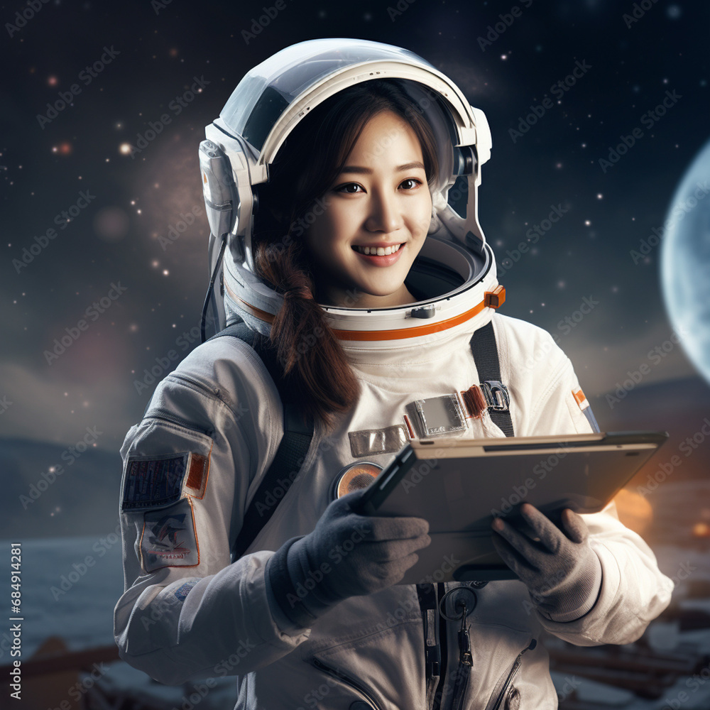 Smiling female asian astronaut on an exoplanet with a handheld tablet Smiling female asian astronaut on an exoplanet with a handheld tablet