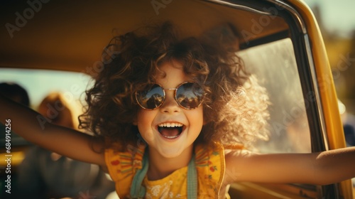 Portrait of a smiling curly haired girl in sunglasses in yellow car. Holiday and travel concept © mariiaplo