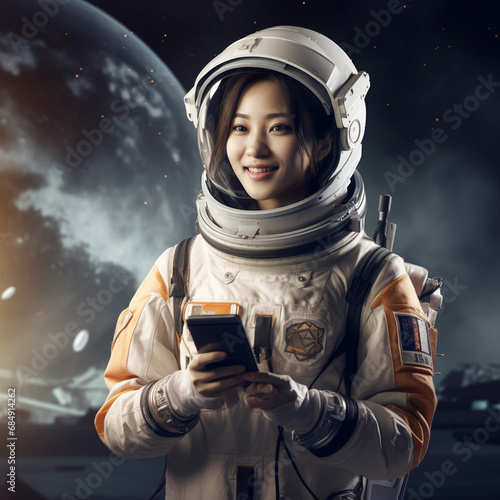 Smiling female asian astronaut on an exoplanet with a handheld device