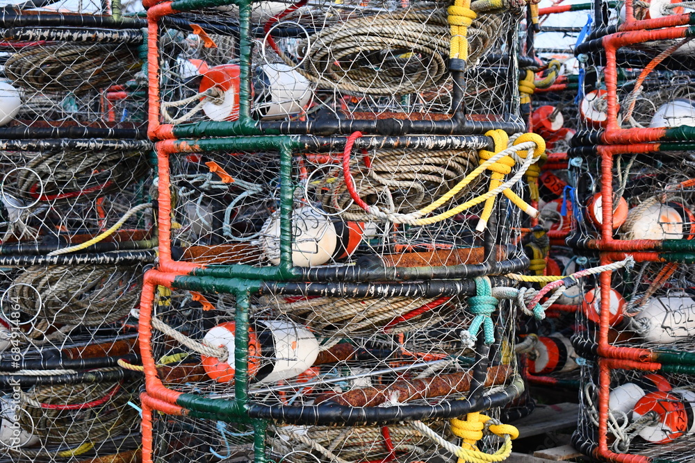 Commercial crab pots cleaned and prepped for deployment.