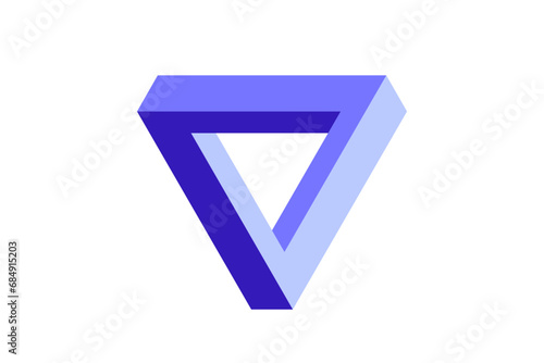 Impossible triangle shape. Optical visual illusion. Triangular Infinite loop symbol. Abstract unreal geometric form. Purple blue puzzle design element for logo, icon, label, tag. Vector illustration