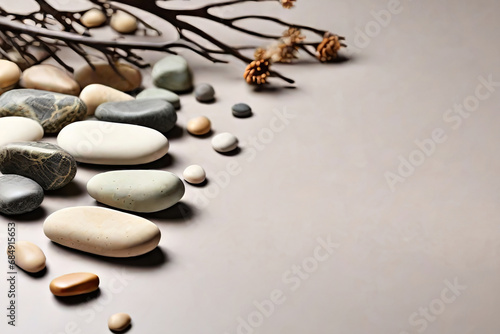 Serene beauty backdrop stones & branches Ideal for natural product branding Front perspective mockup 
