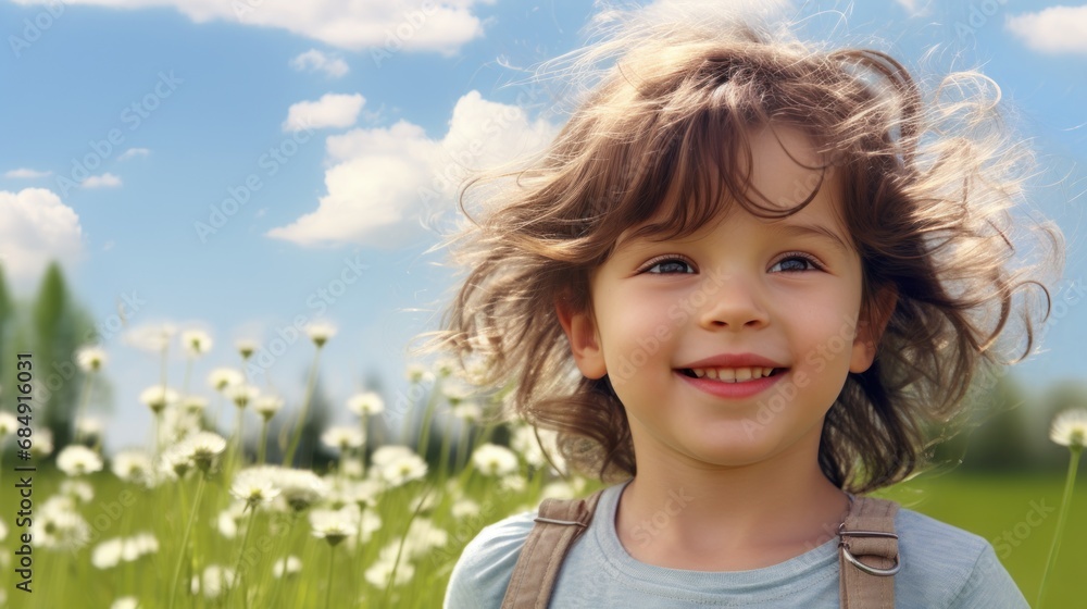 Child's face smiling happily among the meadows and the clear sky. Child's face smiling happily among the meadows and the clear sky.