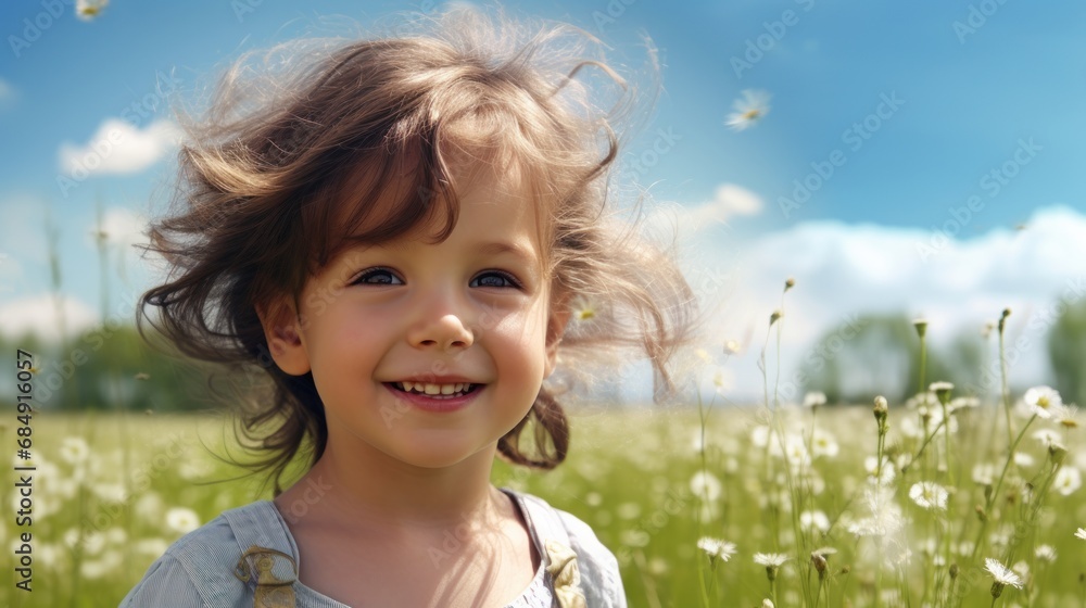 Child's face smiling happily among the meadows and the clear sky. Child's face smiling happily among the meadows and the clear sky.