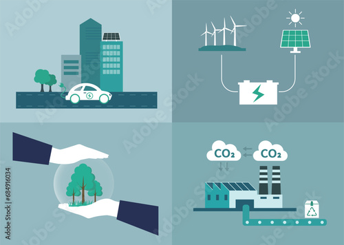 Ecology icons set: environmental protection, smart cities, sustainable industry and renewable energy concept