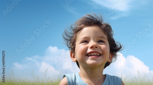 Child's face smiling happily among the meadows and the clear sky.