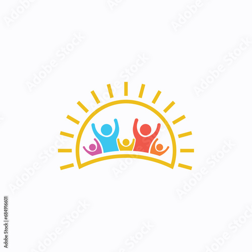 Iconic logo featuring five joyful persons celebrating together with raised arms in a sunny sunrise