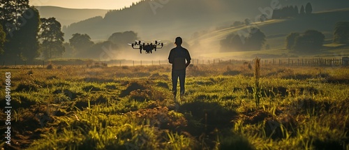A man in the countryside using a drone.