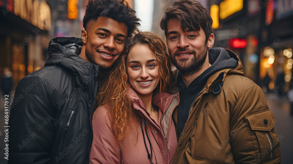 Three companions of different races are pictured in an urban setting, dressed stylishly. . Three companions of different races are pictured in an urban setting, dressed stylishly. .