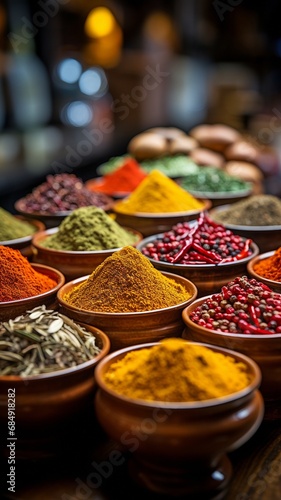 selective blurring on spice racks containing a variety of hues and flavours used in Turkish cooking.