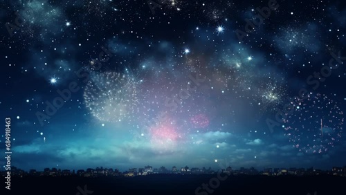 fireworks festival in the night sky, new year's eve celebration 2024. Seamless looping video background animation, cartoon style. Generated with AI photo