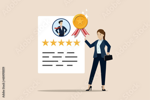 Best employee evaluation review, staff career annual assessment, employee measurement concept, businessman manager giving star review on best employee performance management.