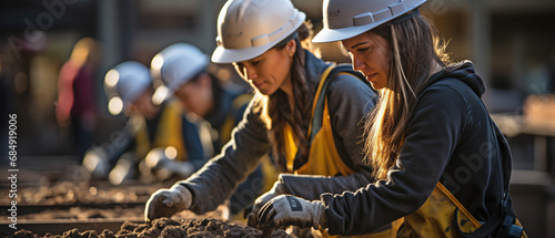 Women wearing hardhats lugging about hollow, flat clay bricks in a group while storing building supplies outside. . photo